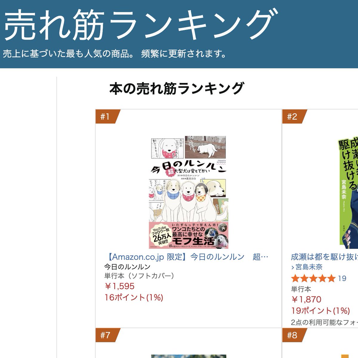 今日のルンルンコミックがamazonの本全体の売れ筋ランキングで1位となりました！たくさんのご予約ありがとうございます！お手元に届くのは2026.1.29ですがこれを機にぜひご予約ください！

『今日のルンルン　超大型犬は愛もでかい』
Amazon予約サイト 2025年12月1日予約開始 amazon.co.jp/dp/4046843829