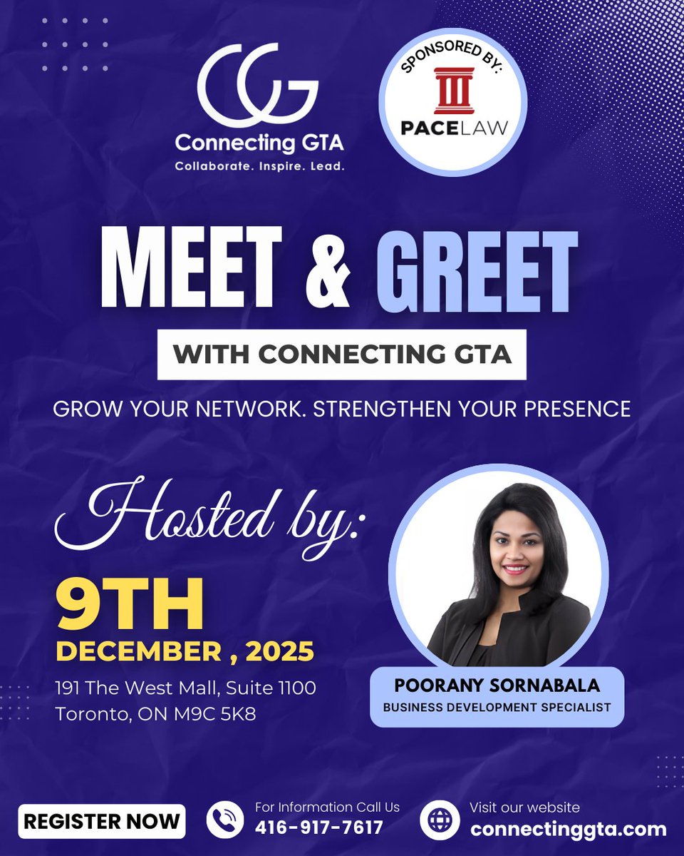 connectinggta's tweet image. Join us for an afternoon of networking, learning, and meaningful connections. Hosted by Poorany Sornabala, Business Development Lead at Pace Law Firm.

Let’s connect, collaborate, and grow together.
We look forward to seeing you!

Register: connectinggta.com/etn/meet-greet…

#ConnectingGTA