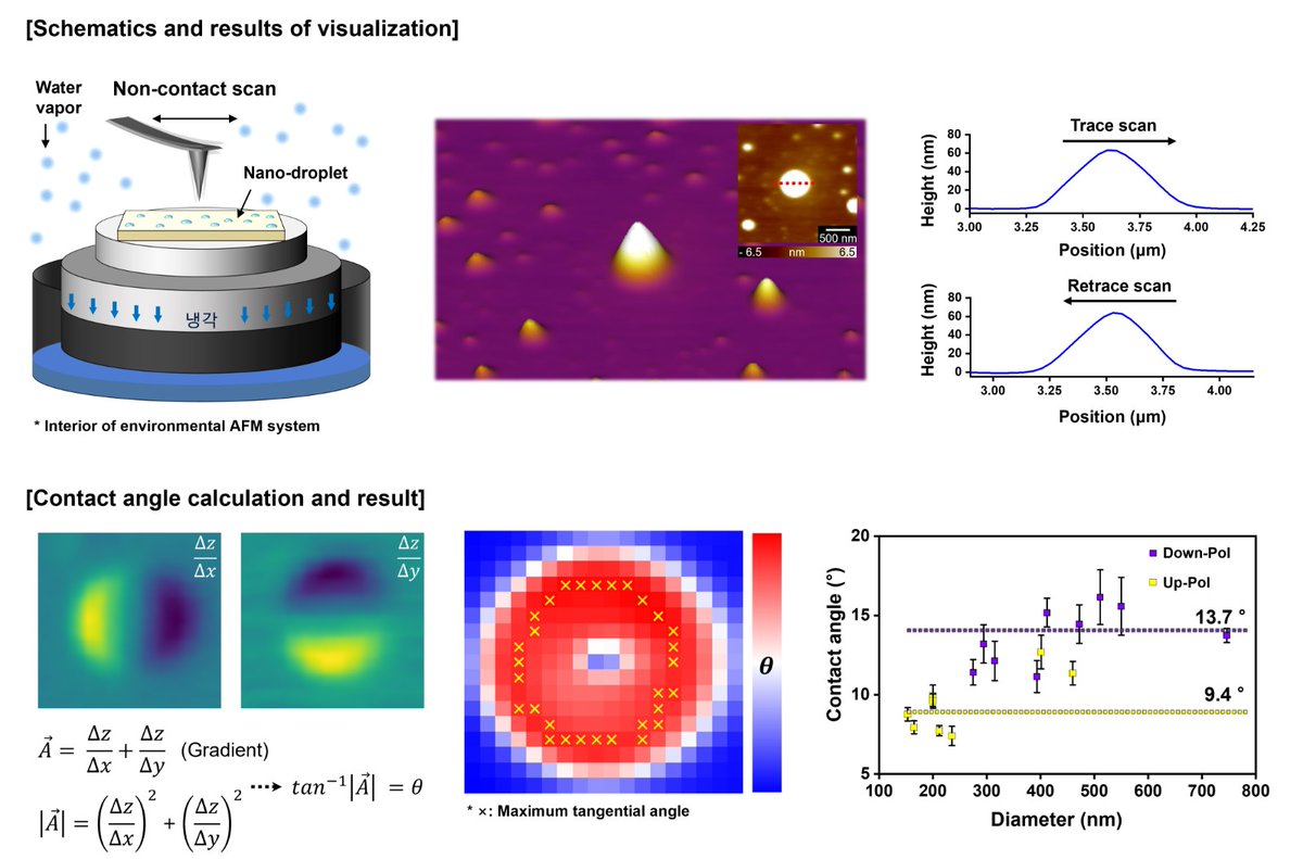 kaistpr's tweet image. KAIST &amp;amp; SNU researchers achieved the first real time AFM visualization of nanoscale water droplets!This breakthrough enables precise wettability analysis at the nano level-critical for hydrogen catalysts, semiconductor processes, and next gen battery technologies#KAIST#Nanotech