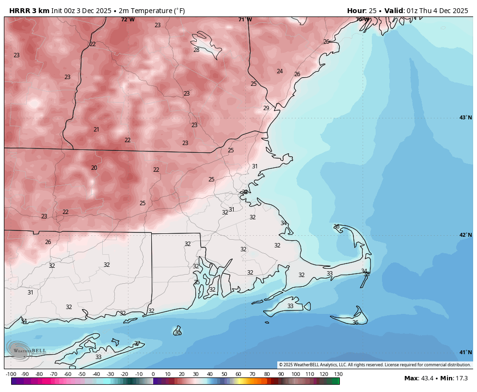 PeteNBCBoston's tweet image. Now that we&apos;ve established a snowcover in parts of SNE, the models have keyed in on it. Here&apos;s the HRRR for tomorrow night. See the colder numbers over the snow? #coolscience