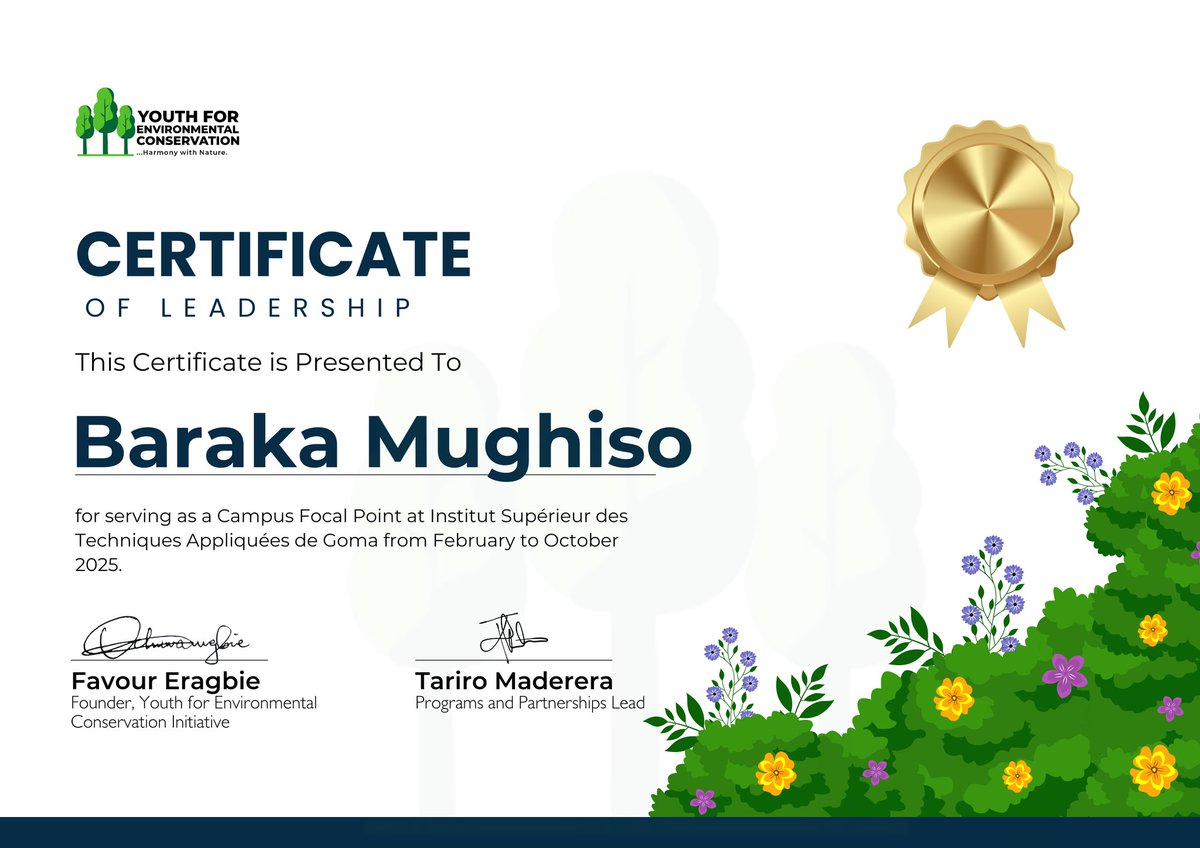 barakaMB6's tweet photo. Une reconnaissance de + Grâce à mes actions axées sur l’éducation climatique en milieu universitaire, j’ai été certifié par #YOUTH_4_ENVIRONMENT_CONSERVATION ( #Nigeria).
7 distinction est le fruit de mon courage, de ma détermination et d’une série d’actions @jeunesseEP_RDC https://t.co/tItXI1iJQR