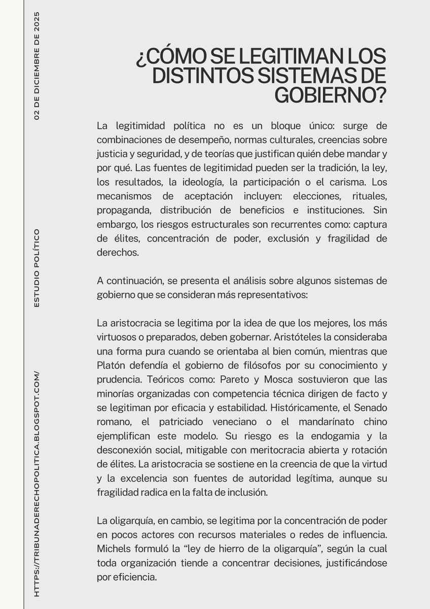 tribuna_y188's tweet photo. 📚🏛️ Todo poder necesita legitimidad: tradición, ley, resultados o carisma que sostengan y justifican gobiernos.
🔎 Les invito a revisar el blog 👉 https://t.co/LVgSg7Wfoj
#EstudiosPolíticos #LegitimidadPolítica #Gobernanza #ControlDelPoder #Participación https://t.co/T6OaVfu9Kb