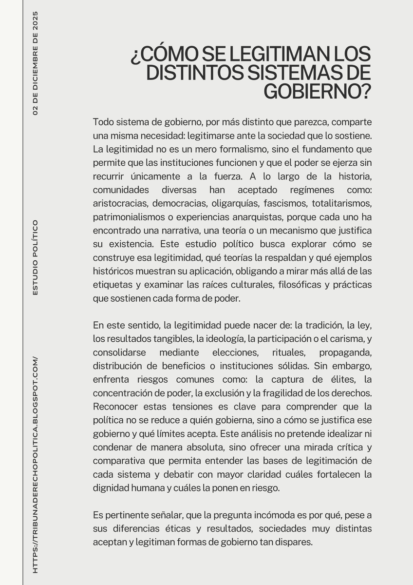 tribuna_y188's tweet photo. 📚🏛️ Todo poder necesita legitimidad: tradición, ley, resultados o carisma que sostengan y justifican gobiernos.
🔎 Les invito a revisar el blog 👉 https://t.co/LVgSg7Wfoj
#EstudiosPolíticos #LegitimidadPolítica #Gobernanza #ControlDelPoder #Participación https://t.co/T6OaVfu9Kb
