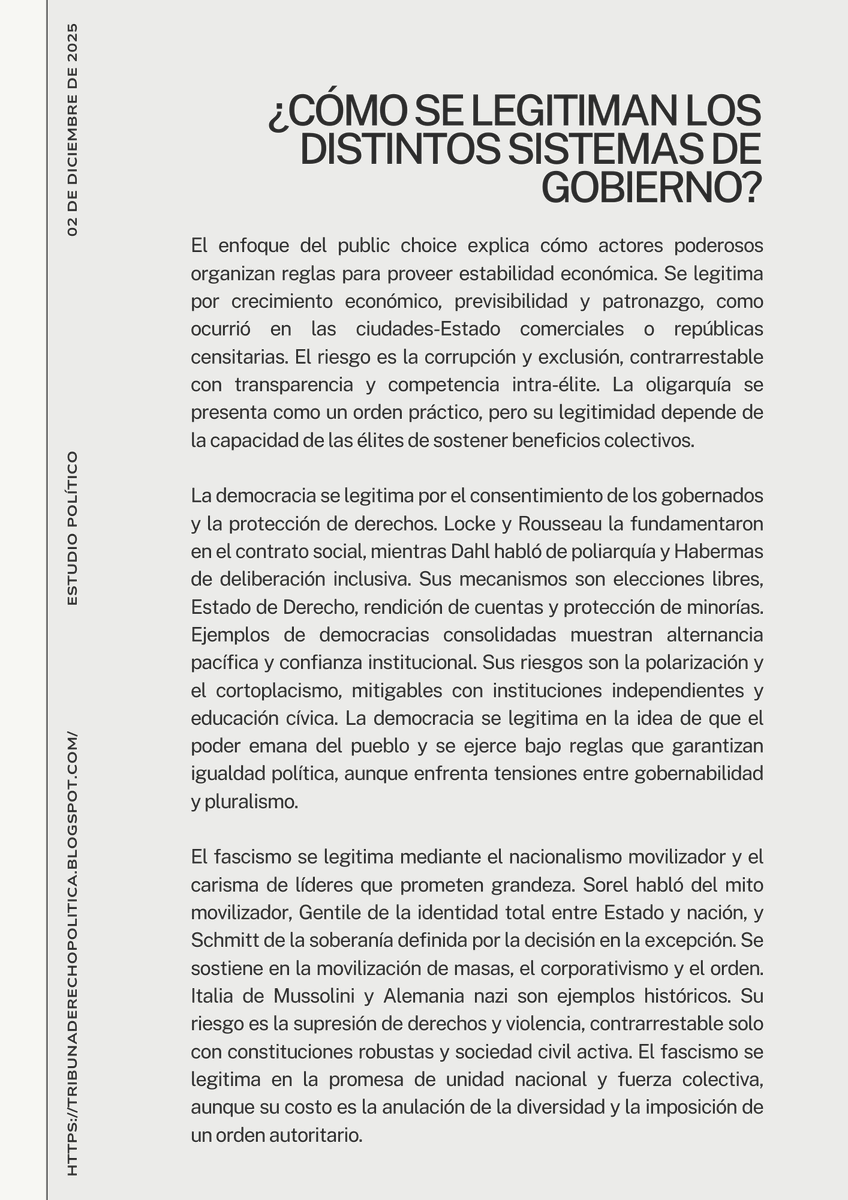 tribuna_y188's tweet photo. 📚🏛️ Todo poder necesita legitimidad: tradición, ley, resultados o carisma que sostengan y justifican gobiernos.
🔎 Les invito a revisar el blog 👉 https://t.co/LVgSg7Wfoj
#EstudiosPolíticos #LegitimidadPolítica #Gobernanza #ControlDelPoder #Participación https://t.co/T6OaVfu9Kb