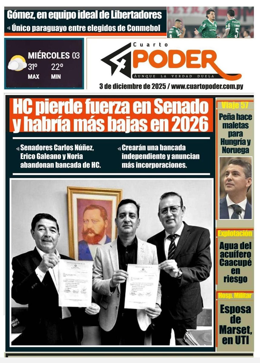 CuartoPoder_Py's tweet image. #Tapa4toPoder 3 de diciembre 2025 ◾cuartopoder.com.py
@SenadoresPy @honorcolorado_ @Horacio_Cartes @ANRParaguay @mreparaguay @mambiente_py @MJusticiaPy @Libertadores @CONMEBOL