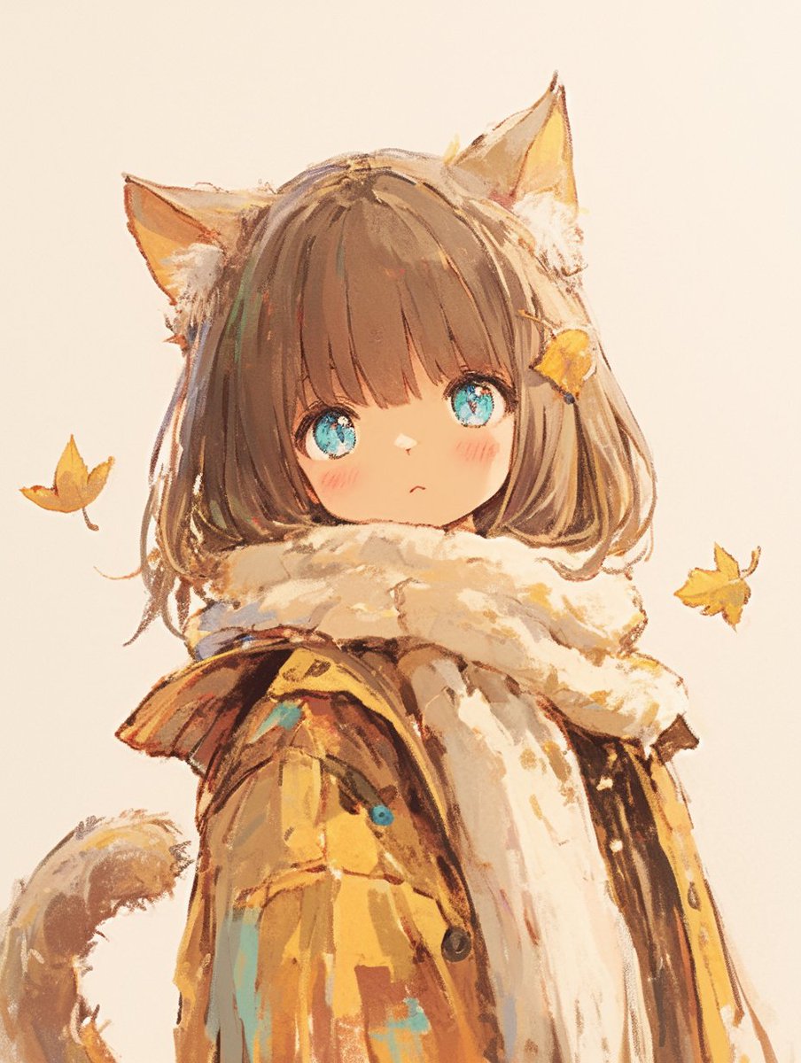 お昼にゃー♪
現在投票トップは『マフラー』ですにゃ♪
このまま一位をキープなのか…。まだまだ投票受け付けてるにゃ♪
＃AIイラスト　＃瞳に力を猫さんにおへそを