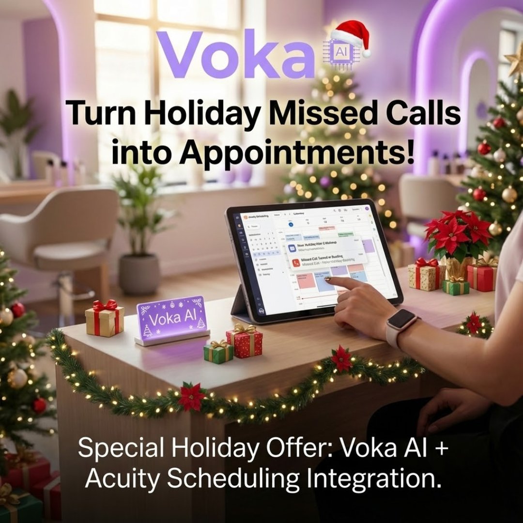 Voka_AI's tweet image. 🎄 Holiday Gift for Acuity Scheduling Users! 🎄
Get Voka AI FREE for your first month ($68.99 value). Never miss another appointment with 24/7 AI booking Access &quot;ACUITYHOLIDAY2025&quot; promo here to claim your FREE month  Offer expires 12/31/25
#VokaAI #AcuityScheduling #SalonOwner