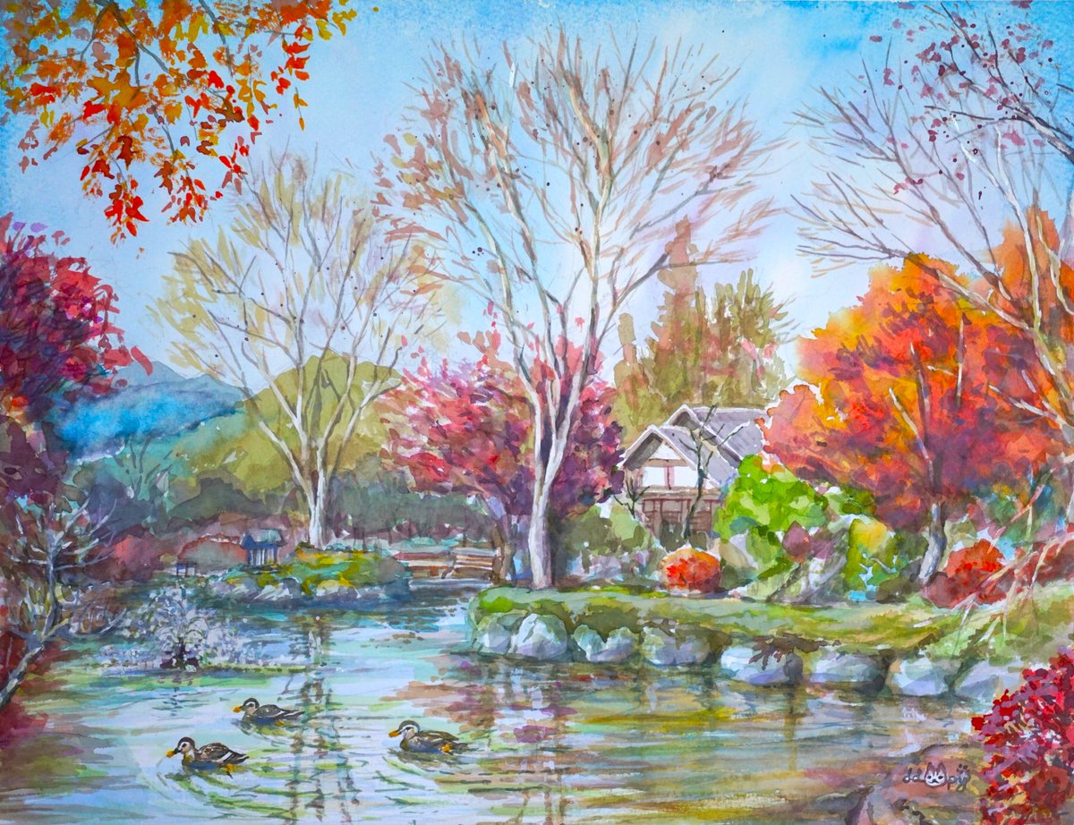 もう12月、寒くなってきました。
先月の寒桜公園に出掛けたときの風景を絵にしました。
秋の日差しを浴びた紅葉の景色が名残惜しい・・
F6　水彩