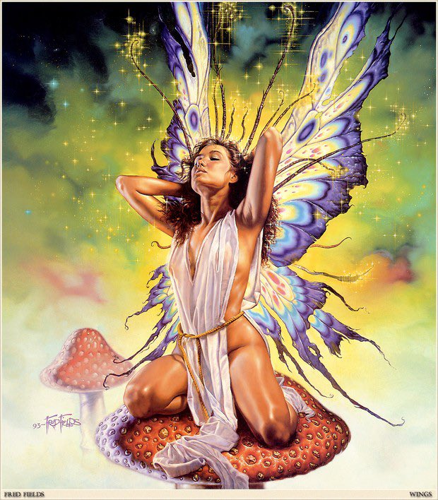 YoDanno's tweet image. This is “Butterfly Chick”, by Fred Fields for the cover of TSR’s 1994 Women of Fantasy calendar, and has also been submitted to the NoPantsClub Hall of Fame.