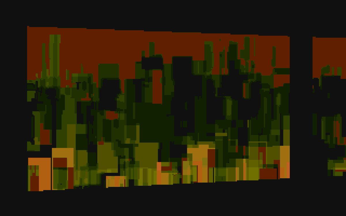 tschak's tweet image. Cityscape 2049. Thomas Cherryhomes 2025-12-02
Done on #CommodoreAmiga 1000 running Deluxe Paint IV
Original image 320x200 32 colors.

A further exploration of blending simple rectangular shapes to evoke an urban landscape.

#pixelart #retrocomputing