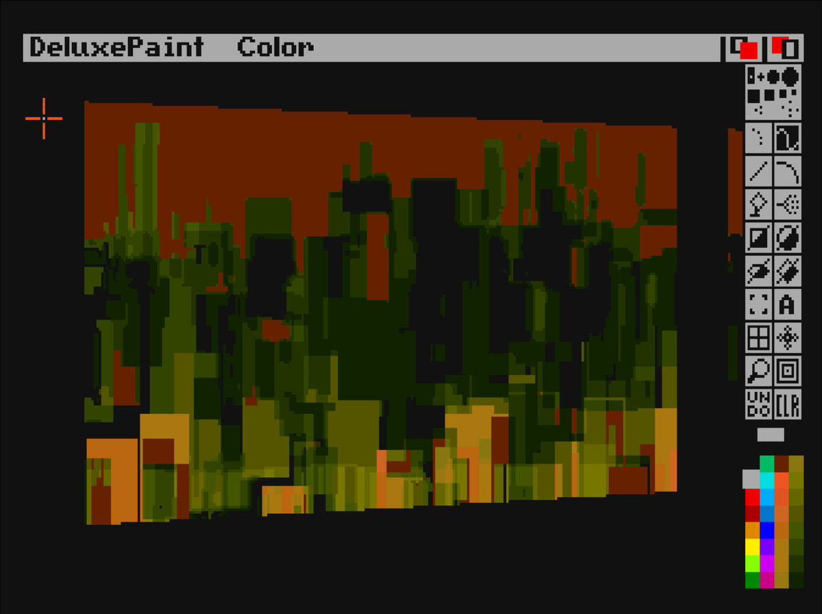 tschak's tweet image. Cityscape 2049. Thomas Cherryhomes 2025-12-02
Done on #CommodoreAmiga 1000 running Deluxe Paint IV
Original image 320x200 32 colors.

A further exploration of blending simple rectangular shapes to evoke an urban landscape.

#pixelart #retrocomputing