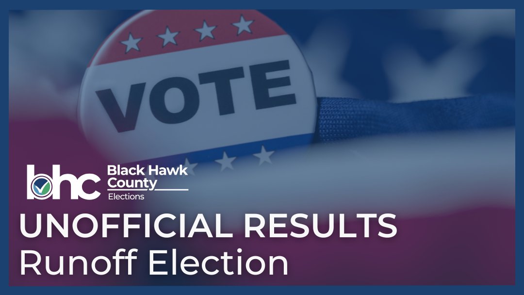 𝗨𝗻𝗼𝗳𝗳𝗶𝗰𝗶𝗮𝗹 𝗥𝗲𝘀𝘂𝗹𝘁𝘀- 𝟮𝟬𝟮𝟱 𝗖𝗶𝘁𝘆 𝗥𝘂𝗻𝗼𝗳𝗳 𝗘𝗹𝗲𝗰𝘁𝗶𝗼𝗻
All precincts have reported, including absentee ballots.  

👉View the results on our website: loom.ly/UdZeNo0

@BlackHawk_co
#BlackHawkCounty #ElectionResults #LocalElectionsMatter