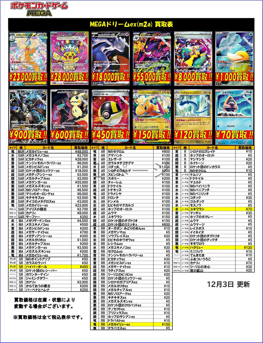 ポケモンカード 最新弾「MEGAドリームex」 買取表の更新を行いました