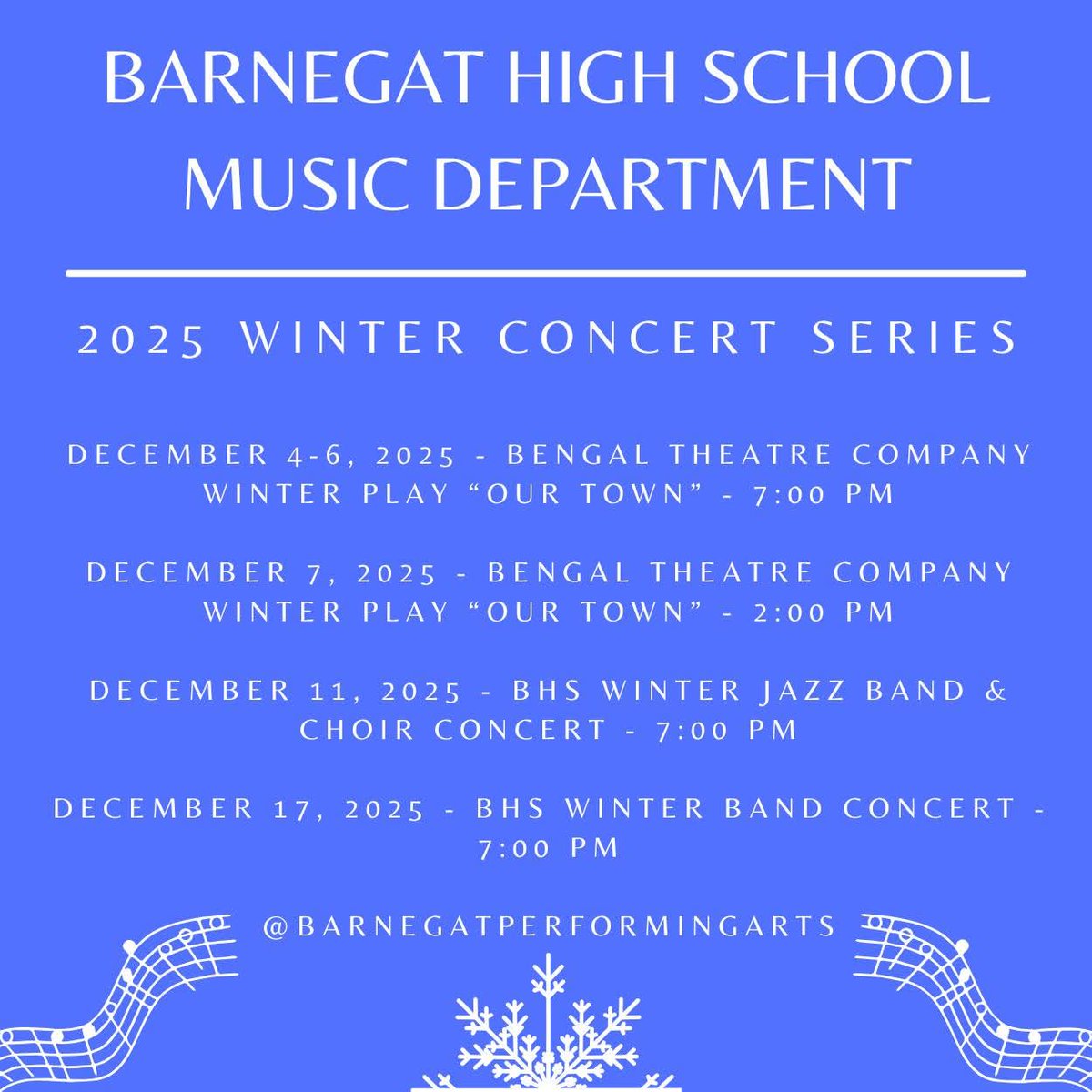 'Tis the Season for Winter Concerts! Come out and support the Barnegat High School Music Department in our upcoming Winter Concert Series this month! 🎄❄️🎅🏻☃️🎶🎺 🎷 🥁 🎤🎹🎙️🎭🎟️