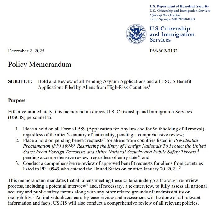U.S. Citizenship and Immigration Services (USCIS) has announced that, effective immediately, they have halted immigration and naturalization processes for individuals originating from nineteen countries, with these including: Afghanistan, Burma, Burundi, Chad, Cuba, Equatorial