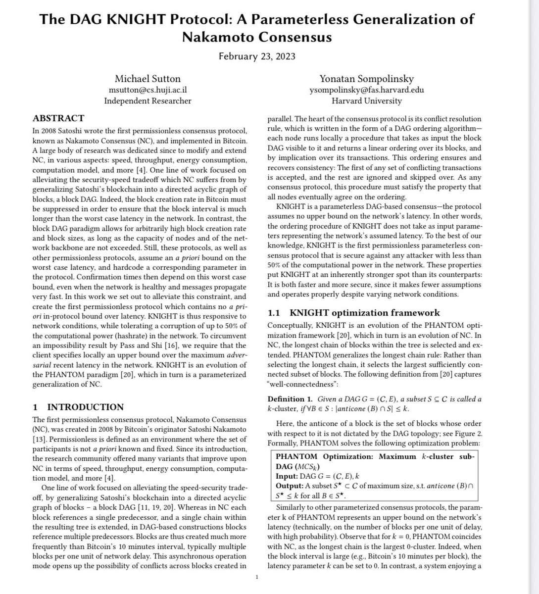 Ok I’ll take a shot at it. How about a protocol upgrade called #DAGKNIGHT for $KAS, an internet speed proof of work protocol that makes no assumptions about network delay but confirms blocks at the speed of network latency, essentially within a few network round-trip times