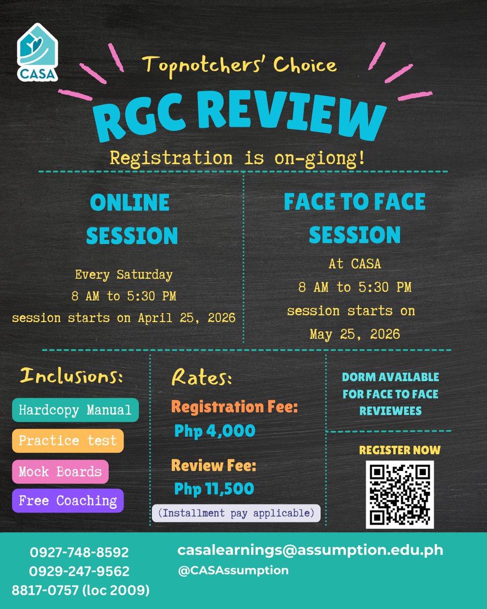CASAssumption's tweet image. To register, simply scan the QR Code or go to lnkd.in/gTfUNJtg
For further inquiries, please reach out to CASA via:
 +63 927 748 8592
+63 929 247 9562
Email: casalearnings@assumption.edu.ph
