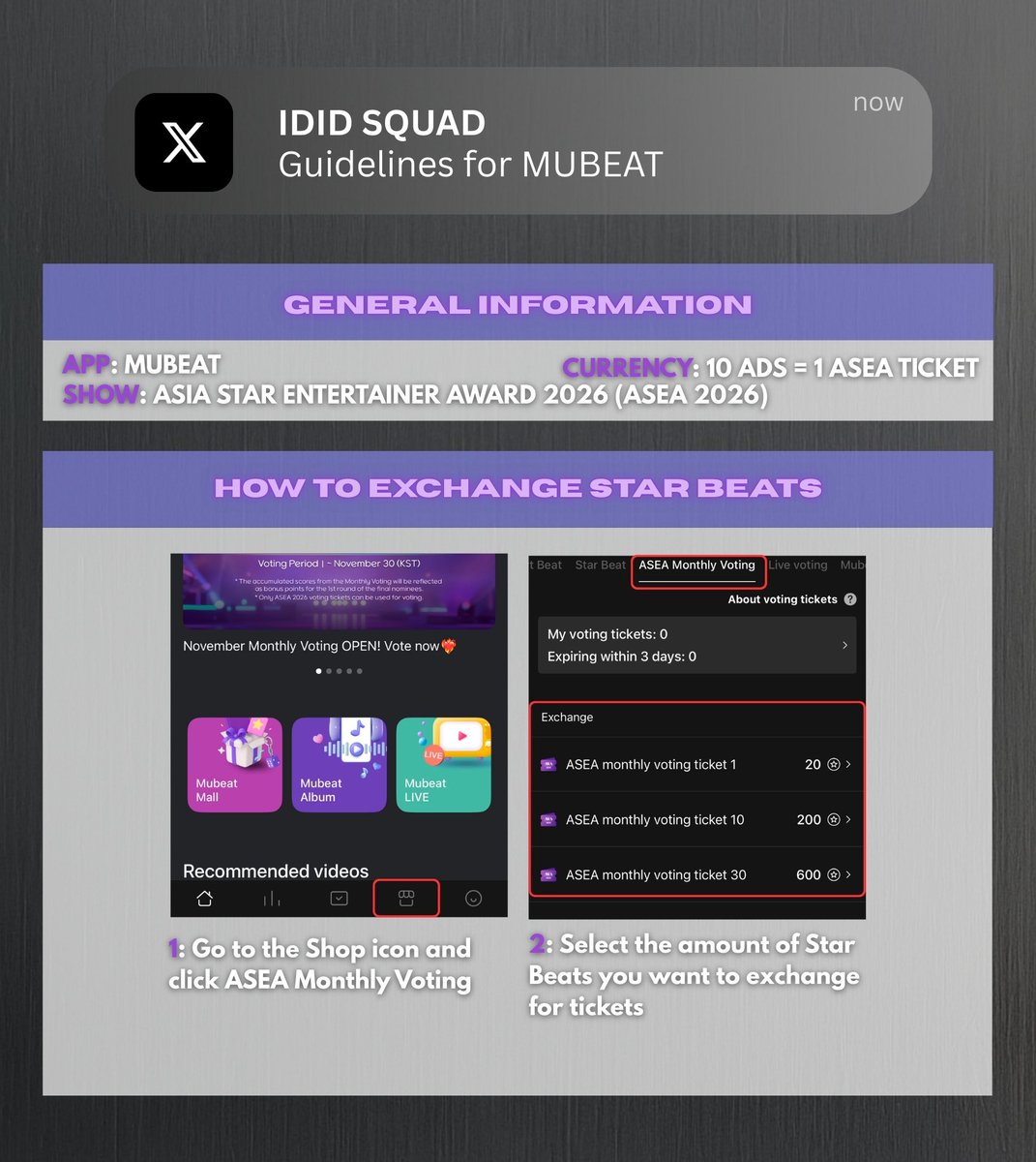 IDIDSQUAD's tweet photo. [📖 ASEA in MUBEAT TUTORIAL] #IDID_GUIDE

Here's how to collect tokens to vote for IDID in ASEA🔥

📱: Mubeat & Podoal
Scores are calculated by adding Podoal & Mubeat votes

📝 : Monthly Voting & Main Voting
Cumulative monthly scores are reflected as bonus points in the main voting round 1

#IDID #아이딧