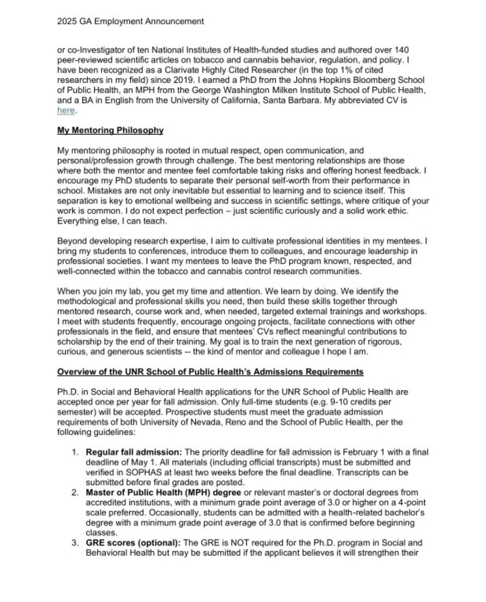 celkzowie's tweet image. FULLY FUNDED PHD IN SOCIAL AND BEHAVIORAL HEALTH 🇺🇸Fall 2026
PhD student work on a fully funded, 4-year Graduate Research Assistant (GRA) position. This position covers a monthly stipend and tuition at the University of Nevada, Reno School of Public Health for at least 4 yrs