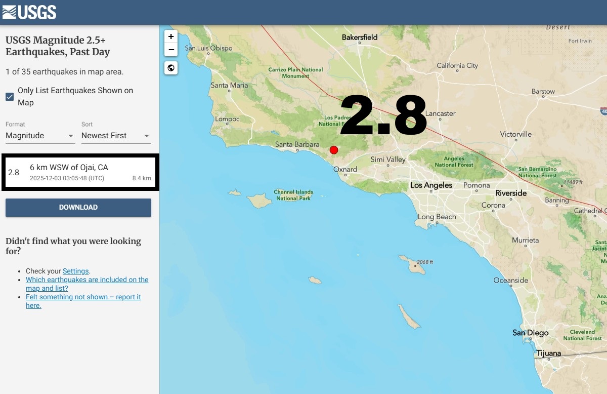 Quakeprediction's tweet image. 2.8 earthquake (likely foreshock) hits WSW of Ojai, CA - NW of Los Angeles. Please see forecast maps on website.