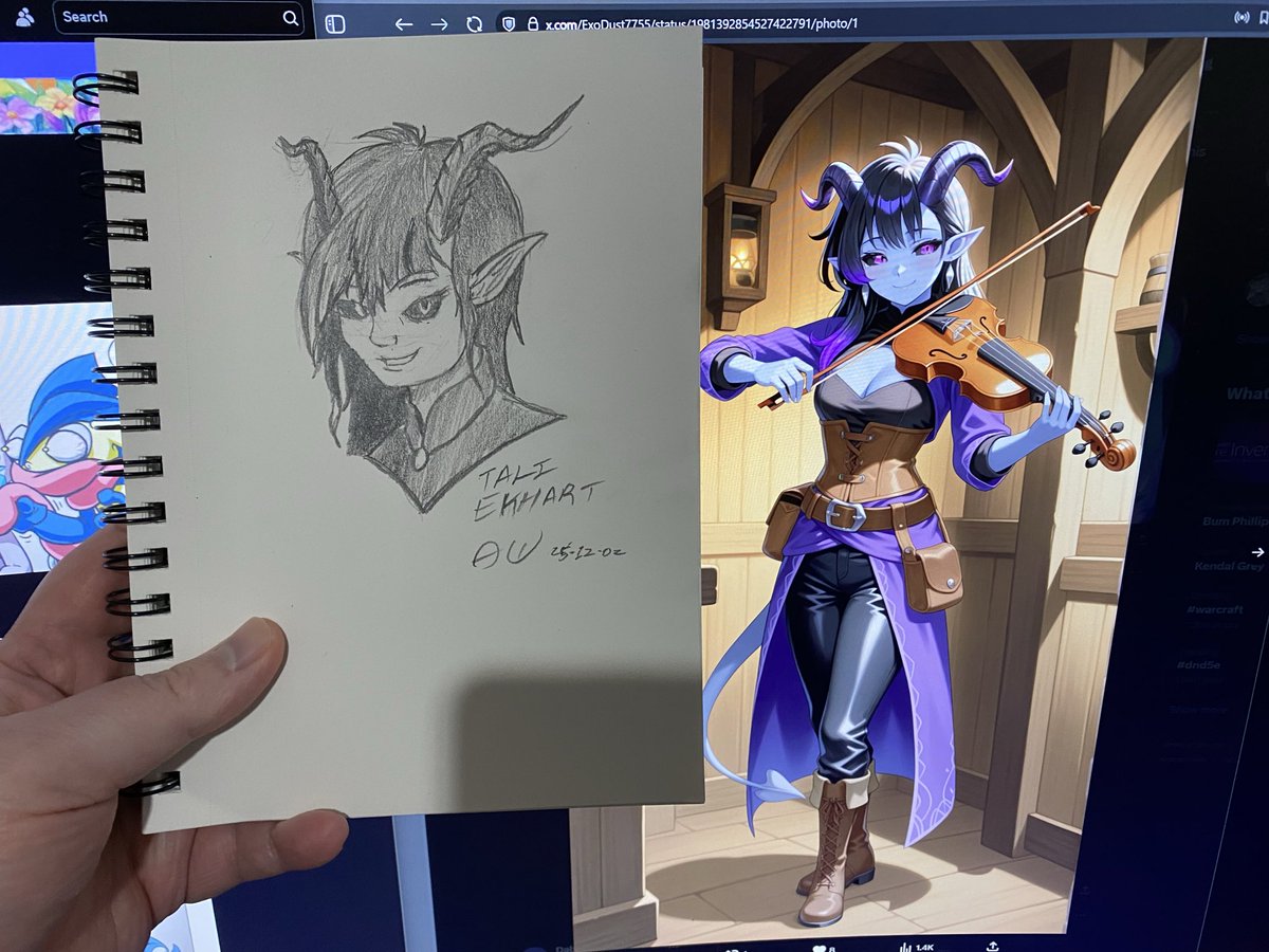 Drew <a href="/ExoDust7755/">Tali Eckhart 💜🎻🩸</a>’s Tali Ekhart. Considering it’s the first time I’ve drawn a face in I don’t know how long, I think I did well.

#drawing #dndart #traditionalart #blackwingpencil