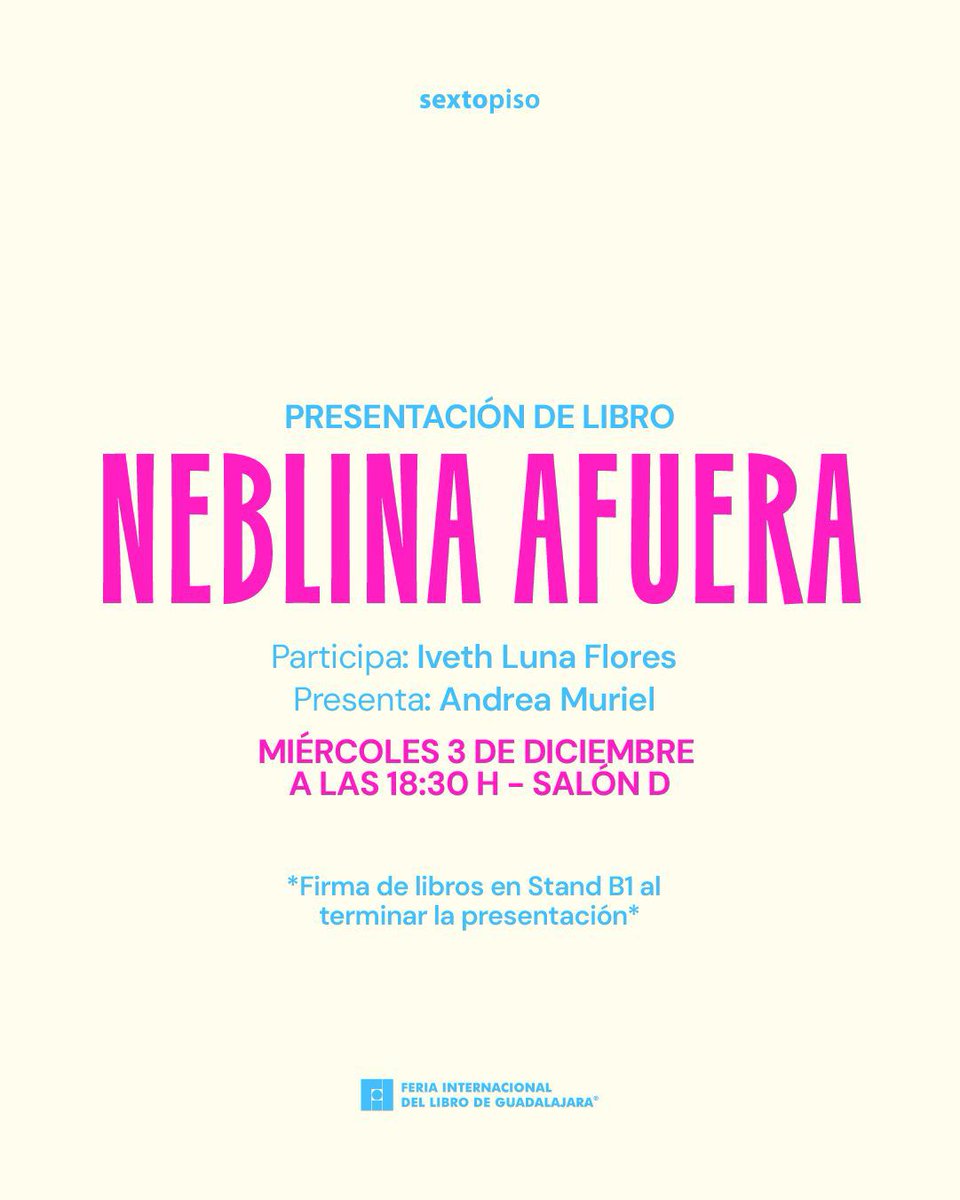 Les veo en mi presentación, vengan porque es mi primera vez en la <a href="/FILGuadalajara/">FIL Guadalajara</a> 🥺y sí me enternece que esa morra universitaria que fui y que soñaba con que le publicaran en <a href="/EdSextoPiso/">Editorial Sexto Piso</a>, una de sus editoriales favs, por fin lo logró  🫰, así que a celebrar 💜🌫️