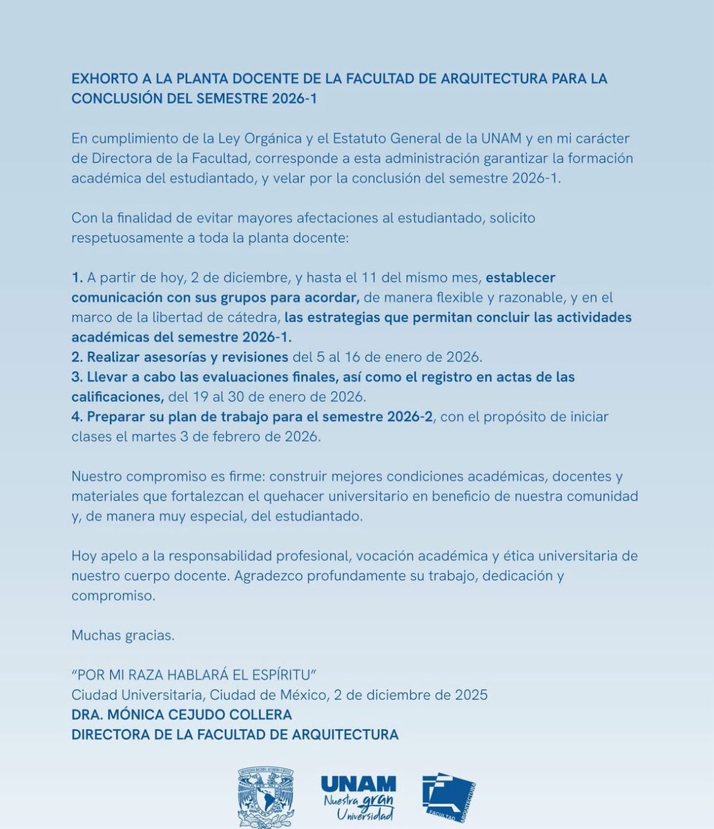 ‼️ El paro iniciado el 13 de octubre, que mantiene Arquitectura de la <a href="/UNAM_MX/">UNAM</a> sin clases, llevó a la facultad a pedir a docentes acordar “estrategias flexibles” para cerrar el semestre 

👇