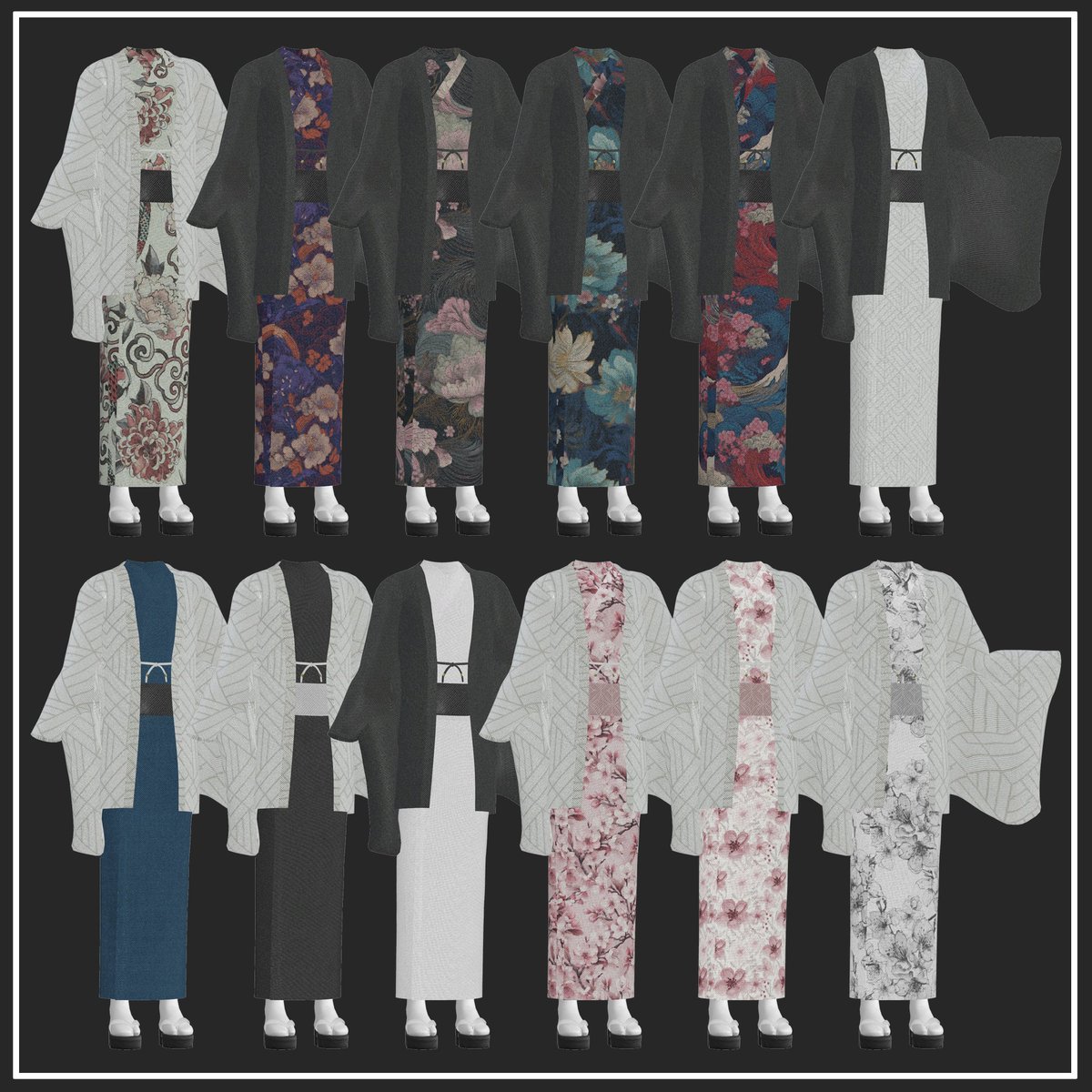 12/5(金)アップデートの着物の対応一覧です✨
新たに8アバターが追加され全20アバター対応です☺️
男女お揃いで着用でき、お正月～1年中ご使用いただける着物になっております！

お正月はDRIPの着物で素敵な１年を始めませんか？
#DRIPVR #VRChat