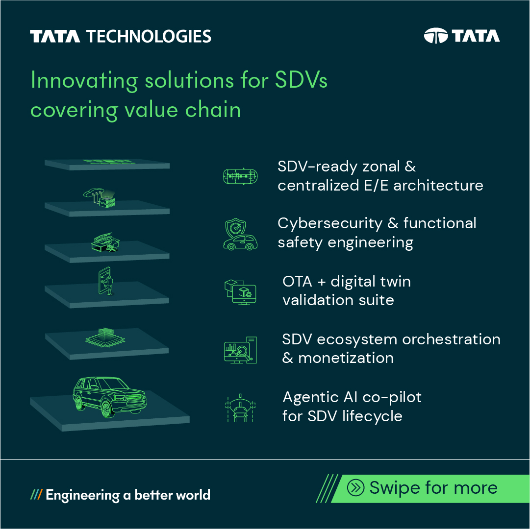 TataTech_News's tweet image. #SoftwareDefinedVehicles (SDVs) - Imagine a vehicle that becomes smarter every time you drive it. That’s the future we’re already helping OEMs build.

At Tata Technologies, we focus on what truly moves the SDV journey forward. From centralized E/E architectures and OTA-ready…