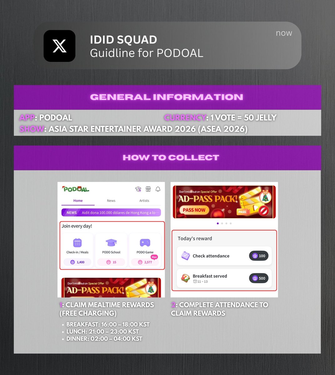 IDIDSQUAD's tweet photo. [📖 ASEA in PODOAL TUTORIAL] #IDID_GUIDE

Here's how to collect tokens to vote for IDID in ASEA🔥

📱: Mubeat & Podoal
Scores are calculated by adding Podoal & Mubeat votes

📝 : Monthly Voting & Main Voting
Cumulative monthly scores are reflected as bonus points in the main voting round 1

#IDID #아이딧