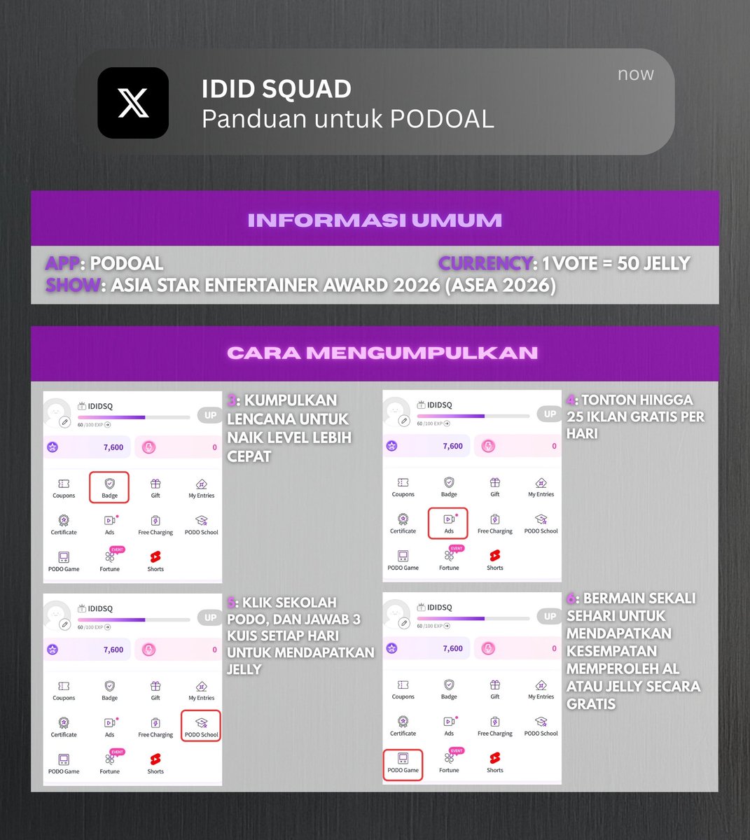 IDIDSQUAD's tweet photo. [📖 ASEA in PODOAL TUTORIAL] #IDID_GUIDE

Berikut cara mengumpulkan token untuk voting IDID di ASEA 🔥

📱: Mubeat & Podoal
Skor dihitung dari penjumlahan vote pada Podoal & Mubeat

📝: Monthly Voting & Main Voting
Skor total bulanan akan terhitung sebagai bonus points dalam babak utama putaran 1

#IDID #아이딧