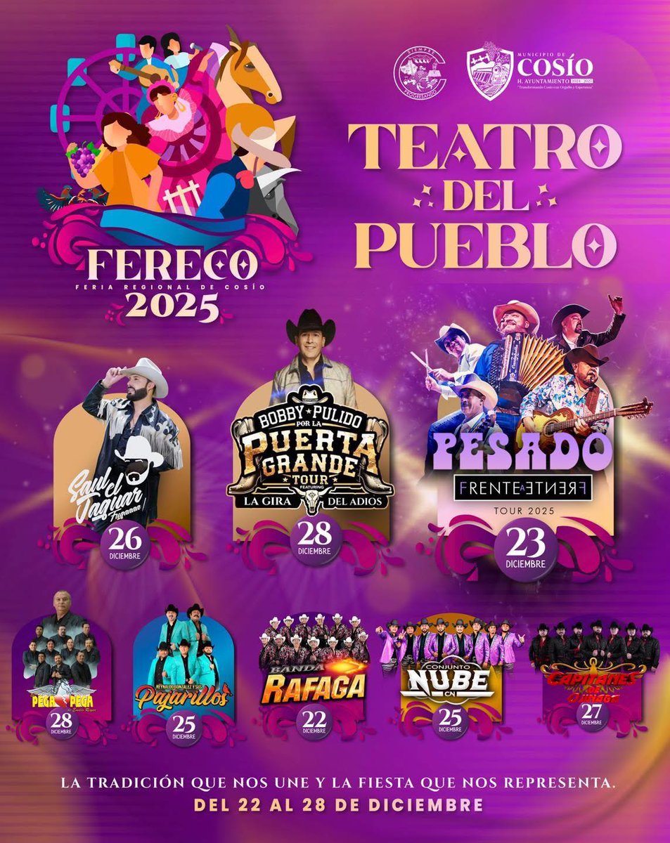 🎉😍Grupo Pesado, Bobby Pulido, Saúl El Jaguar, El Pega Pega y muchos más, en la Feria Regional Cosío 2025:

dondehayferia.com/feria-regional…