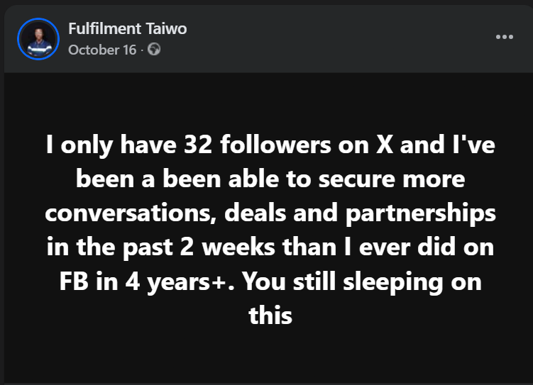 Xfulfilment's tweet photo. i think X is the best place for any beginner to #buildinpublic #launchinpublic and #growinpublic
take it seriously, this is me in october with just 32 followers https://t.co/tBVHyn1a2c