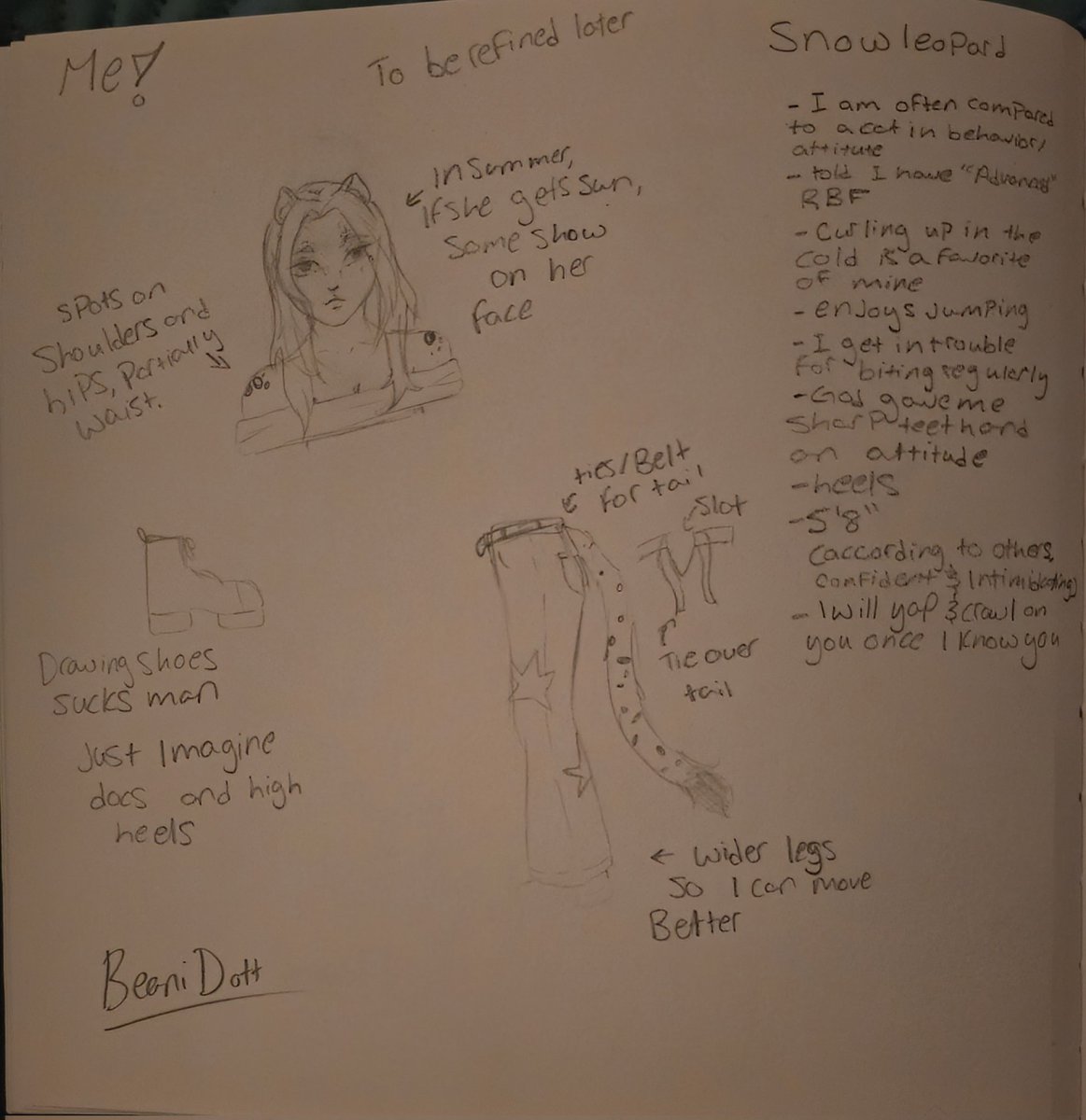 The closest thing to a character sheet I have at the moment, turned out more writing than drawing, but it atleast helps give an idea while I work out the kinks