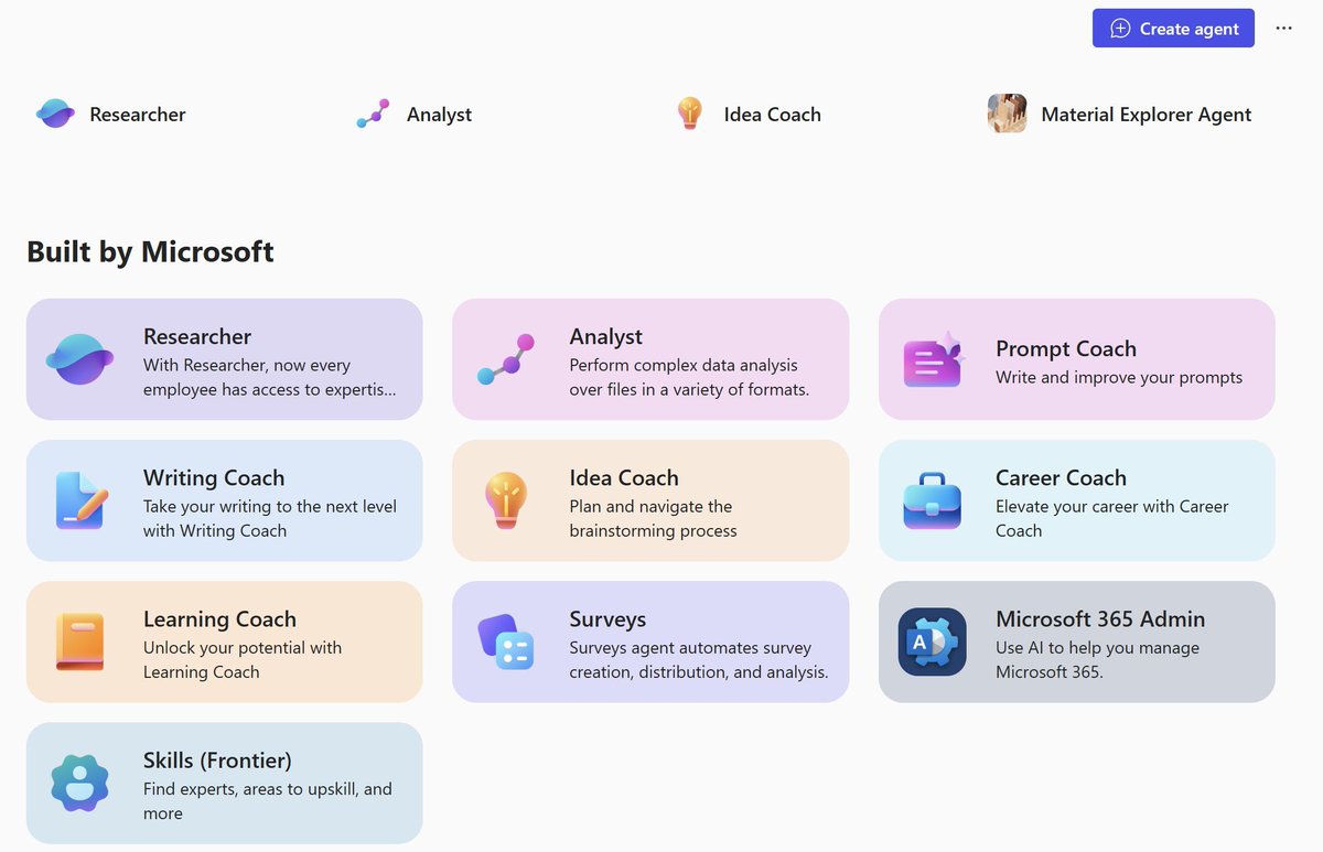 Yes, you can create agents, BUT did you know…
There is already a cooked-up Copilot Agent buffet 🍽️

🧠 Researcher
📊 Analyst
🧑🏫 Coach
🛠️ Admin

🫳🏻 Pick your flavor of productivity and dig in 😎
#Copilot