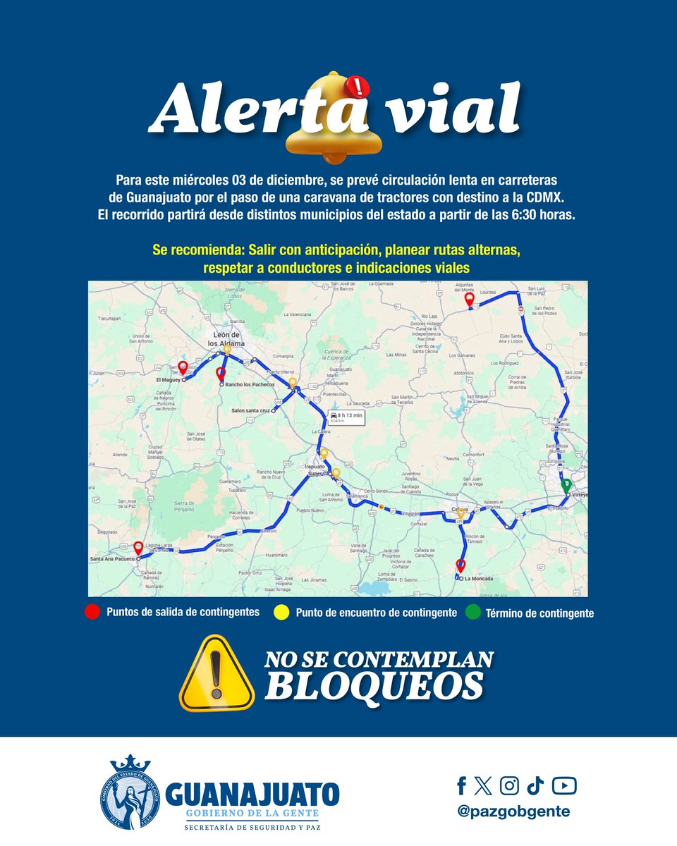 #AlertaVial 🚧 Para la mañana de este miércoles 03 de diciembre, se prevé circulación lenta en carreteras de #Guanajuato por el paso de una caravana de tractores con destino a la CDMX. El recorrido partirá desde distintos municipios del estado.

⚠️ NO se contemplan bloqueos, pero