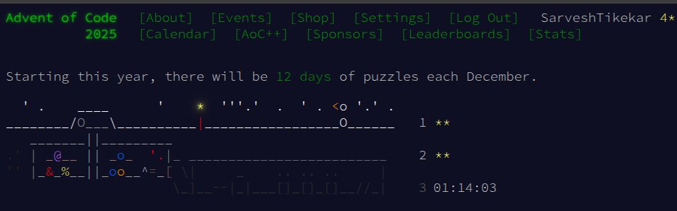 sarv_twt's tweet image. Days 1 and 2 completed on Advent of Code 2025 ✅

#codingchallange #AdventOfCode