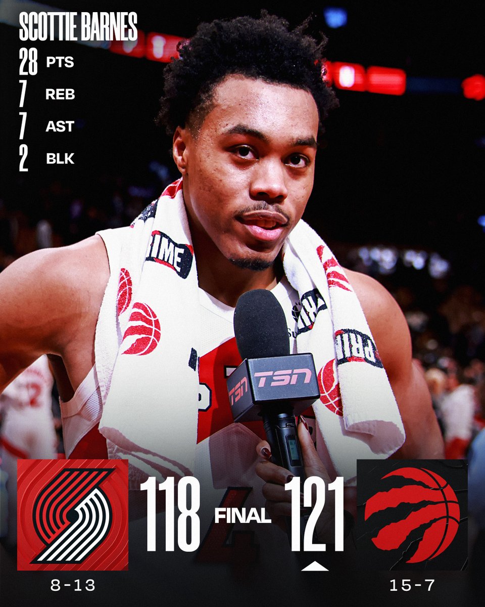 🏀 TUESDAY'S FINAL SCORES 🏀

Scottie Barnes leads the @Raptors to their 15th win of the season! 

Immanuel Quickley: 23 PTS, 5 REB, 8 AST, 5 3PM
Brandon Ingram: 21 PTS, 6 REB  