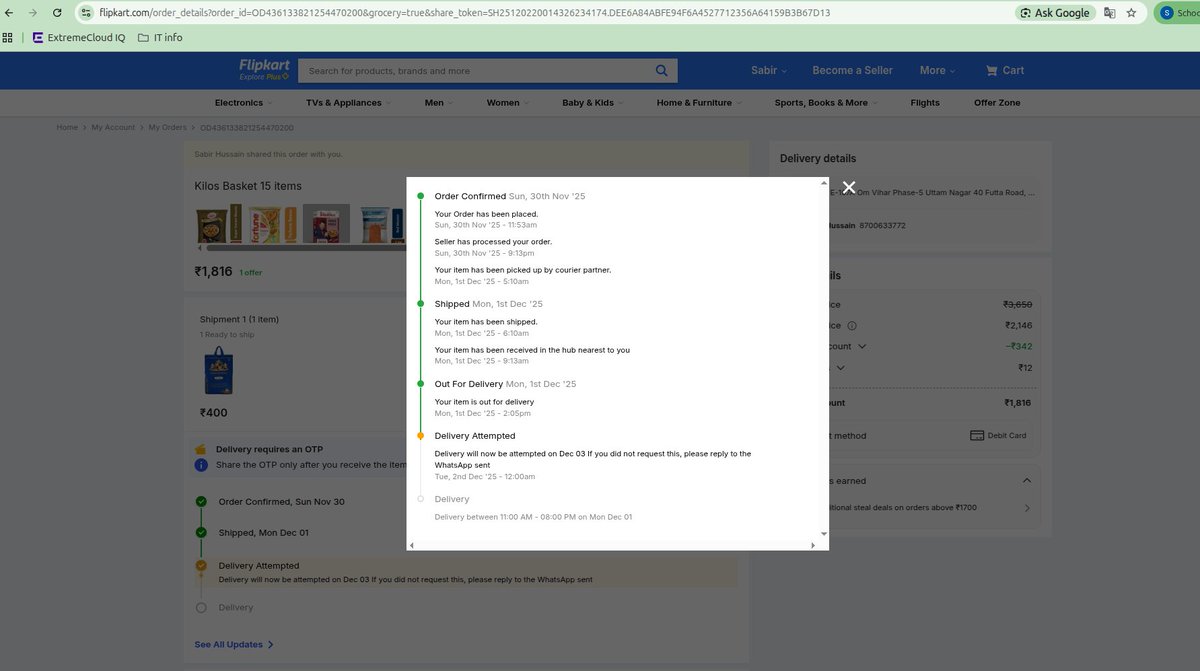 sabir047's tweet photo. Dear Flipkart, 
 I have order book, my delivery date is 1st December 2025 time slot is 11:00 am to 8:00 pm every day talking your support executive the executive and one senior executive (Mr. Yogesh) i have still waiting my order why ? https://t.co/7ao2ZQAkKB