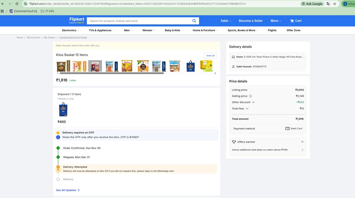 sabir047's tweet photo. Dear Flipkart, 
 I have order book, my delivery date is 1st December 2025 time slot is 11:00 am to 8:00 pm every day talking your support executive the executive and one senior executive (Mr. Yogesh) i have still waiting my order why ? https://t.co/7ao2ZQAkKB