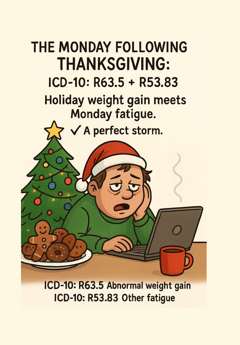 osi_medcoding's tweet image. Diagnosed with Thanksgiving… complicated by Monday.

#ICD10Humor #ThanksgivingHangover #HolidayFatigue #MondayMood #WorkingOnEmpty #SendCoffee #DiagnosisMonday #Relatable #TrueStory #Exhausted