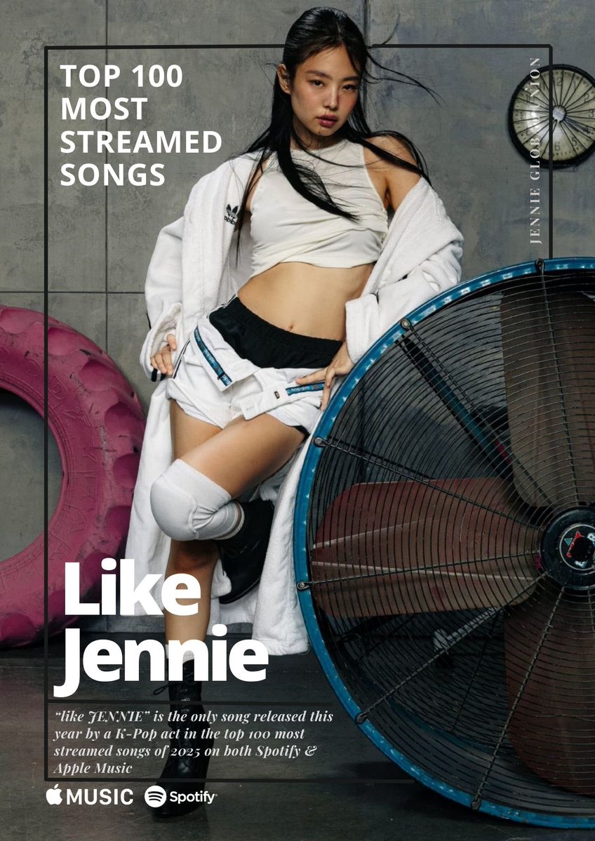 Jennie_Union's tweet image. #JENNIE’s ‘Like JENNIE’ is the only song released in 2025 by a K-Pop artist to rank in the top 100 most streamed songs of 2025 on both Spotify and Apple Music! 

@oddatelier @Jennie_HQ @ColumbiaRecords