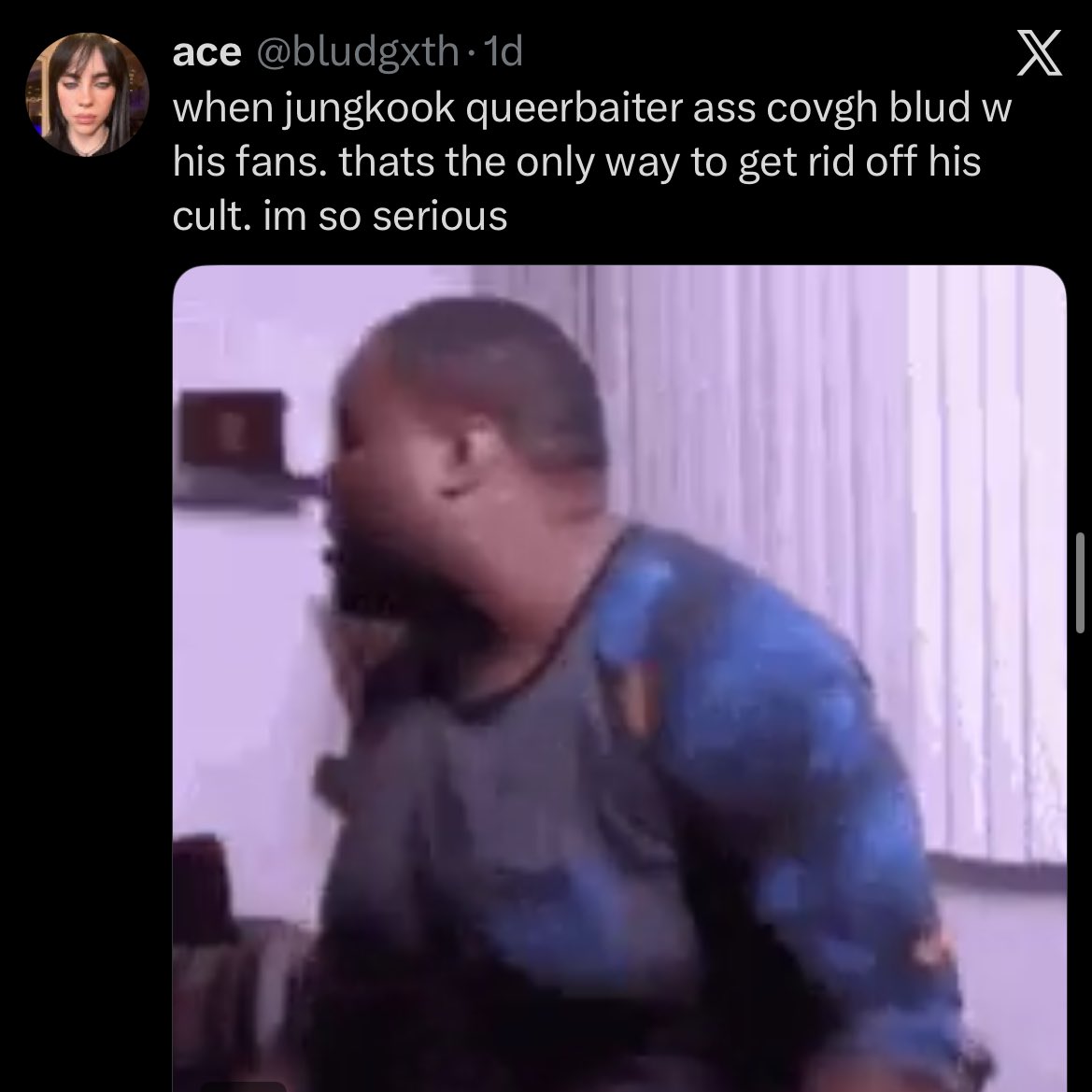 ‼️One of 🐰vilest antis was wishing D on him yesterday, and now ARMY are out here giving them 44K today? At least act like you care about him? 

x.com/bludgxth 

> Wish of harm, Threats 3x
> Coded Violence 3x