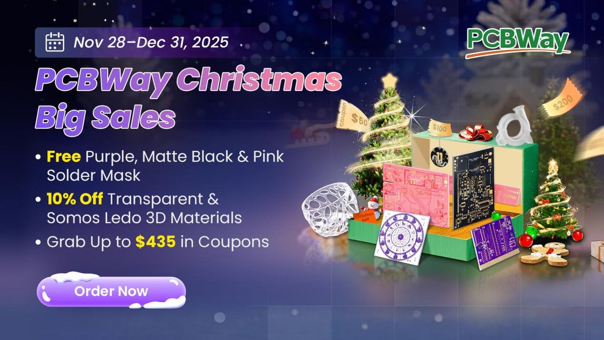 cnxsoft's tweet image. Sponsored: @PCBWayofficial Christmas 2025 Big Sales
cnx-software.com/2025/12/03/pcb…

Various deals for PCB manufacturing, 3D printing, and CNC machining until December 31, 2025, as well as coupons worth up to a total value of $435.