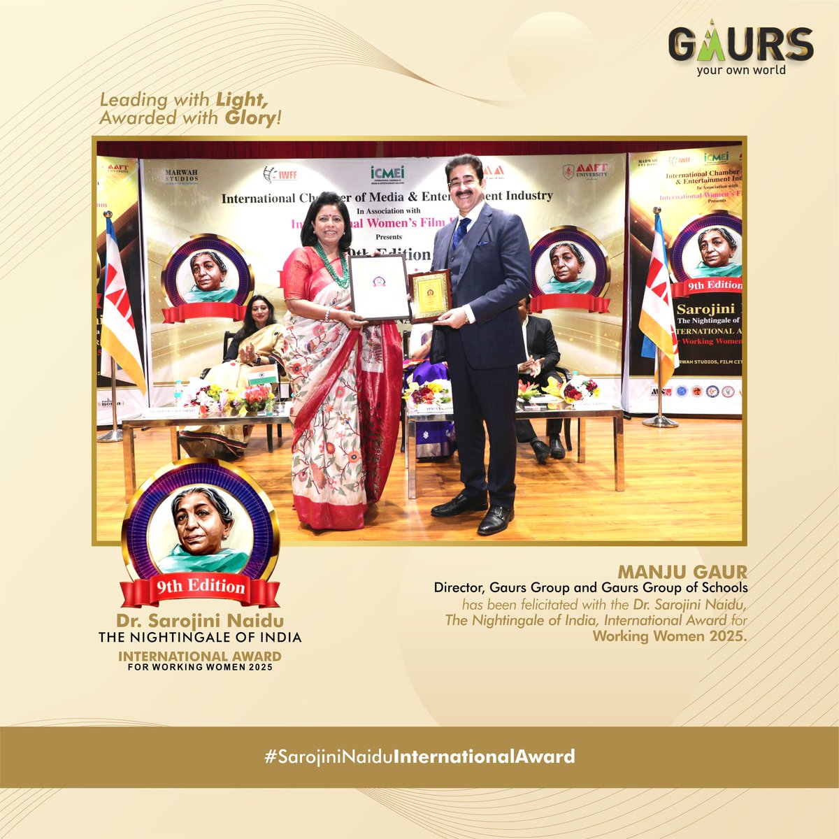 Breaking barriers. Setting benchmarks. Inspiring generations.

Our Director, Mrs. Manju Gaur, has been awarded the Dr. Sarojini Naidu, Nightingale of India, International Award for Working Women 2025!

This prestigious recognition celebrates her unwavering dedication, visionary