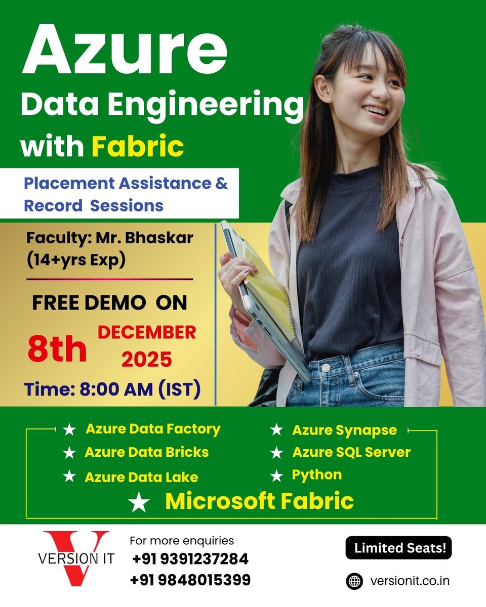 VersionitCloud's tweet image. 🚀 Kickstart Your Career in Azure Data Engineering!
Join our FREE Demo Session on 8th December 2025 at 8:00 AM (IST) 

👨‍🏫 Trainer: Mr. Bhaskar (14+ years of experience)

📞 For Enquiries: +91 98480 15399

🌐 Visit: versionit.co.in/azure-data-eng…

#Azure #AzureDataEngineering