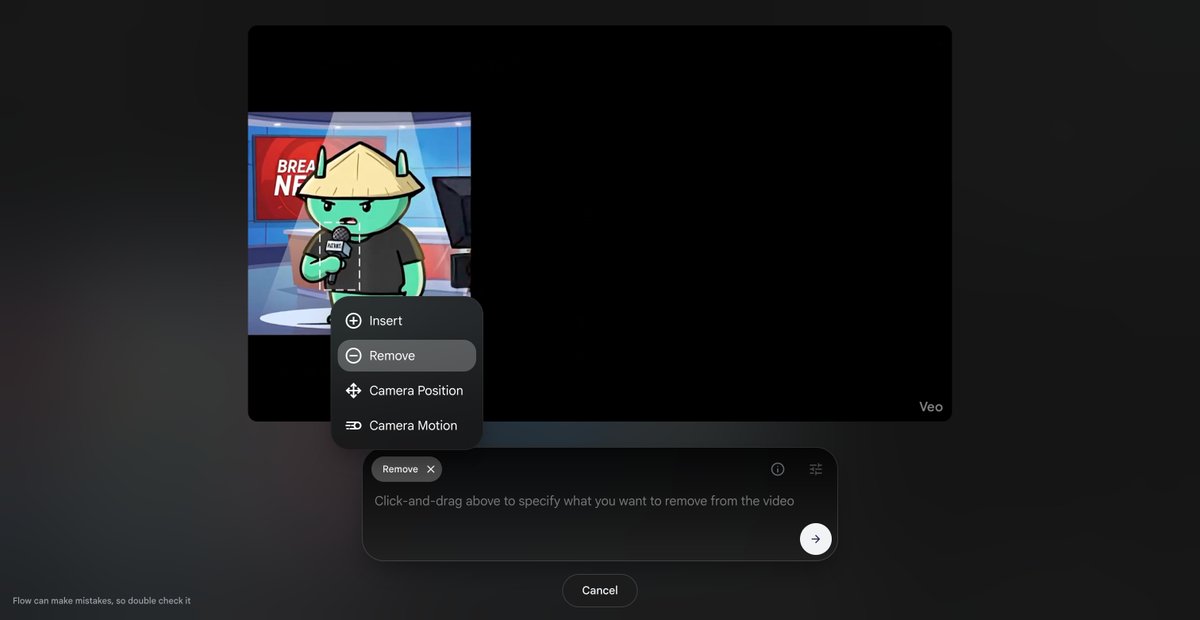 Google Flow got a new object removal feature that allows you to clean up unnecessary parts from the video. Previously released "Camera controls" have been expanded more broadly as well. 

h/t <a href="/VividFeverDrms/">VividFeverDreams</a>