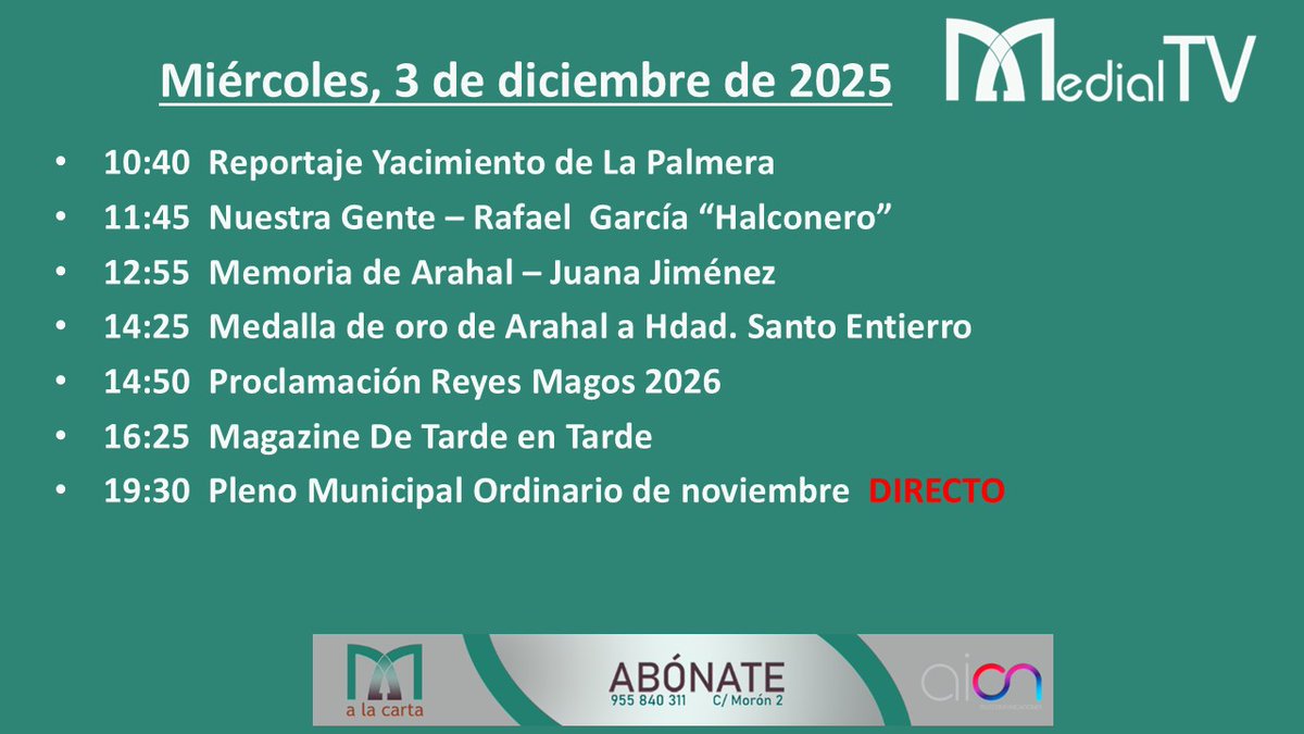 Medial_TV's tweet image. #Programación #MedialTV📺
Miércoles, 3 de diciembre. Estos son nuestros contenidos para hoy, con la novedad de:

▶️ 19:30h. Pleno Municipal Ordinario del mes de noviembre en DIRECTO.

No te lo pierdas‼️