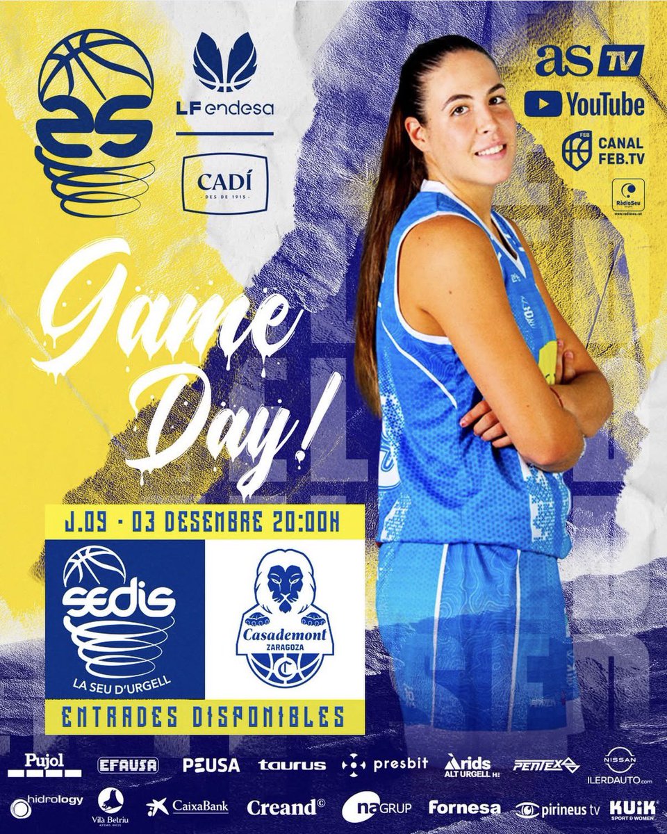 𝐃𝐢𝐚 𝐝𝐞 𝐩𝐚𝐫𝐭𝐢𝐭❗

🦋 #LFEndesa J9
🕣 20:00h 
📍Palau d’Esports
🆚 <a href="/casademontBZ/">Casademont Zaragoza</a> 
📺 canalfeb.tv l youtube <a href="/BaloncestoESP/">Baloncesto España</a> I <a href="/AS_TV/">AStv</a> 

 Som-hi!!! 💙🤍

#sentelsedis🏔️🏀