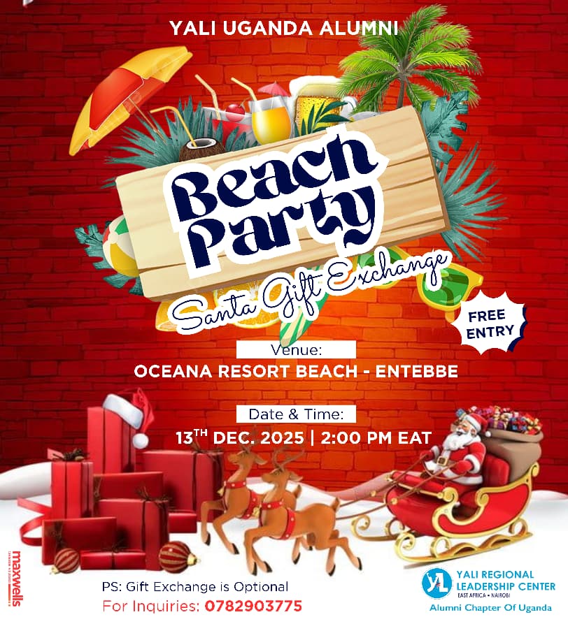 🎄 YALI Uganda – Santa Beach Party &amp; Gift Exchange 🎁

You are warmly invited to our Santa Beach Party and Gift Exchange taking place on Saturday, 13th December 2025 at Oceana Beach, Entebbe.

Join fellow alumni for an afternoon of relaxation, networking, and festive cheer as we
